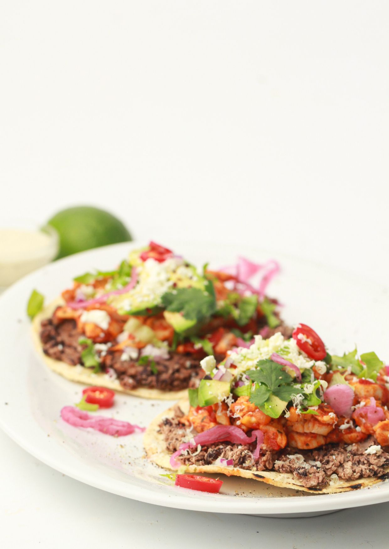 Air Fryer Chicken Tostadas with Cilantro Lime Sauce