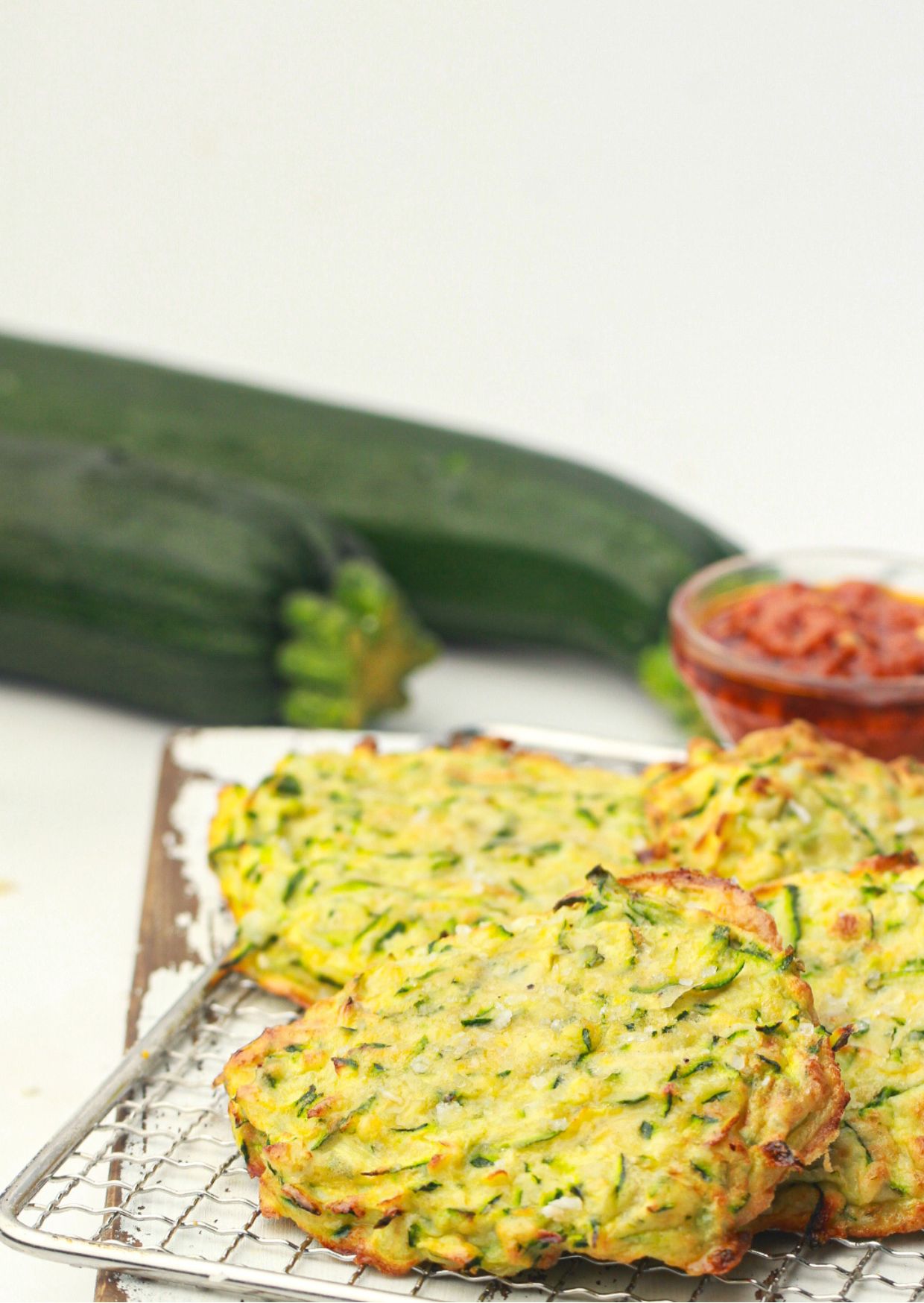 Air Fryer Zucchini Pancakes with Roasted Red Pepper Sauce